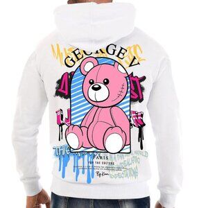 Avenue George V Paris Men's White Hoodie GV Teddy Rhinestone Sweatshirt 2XL